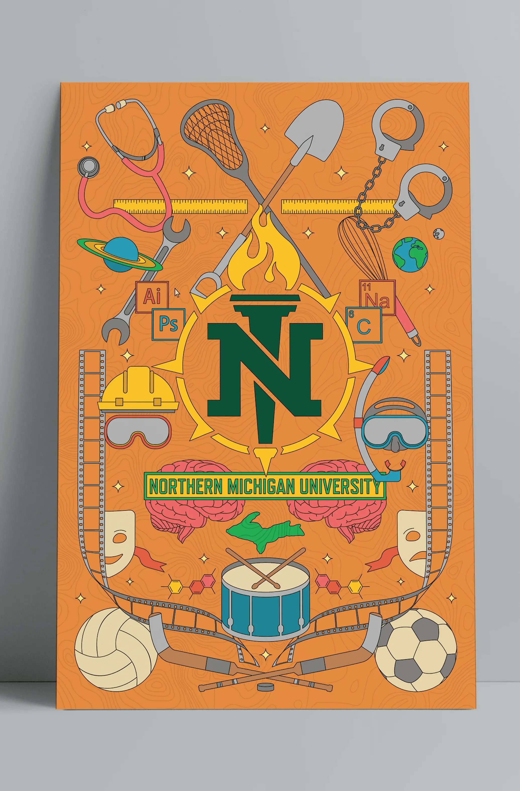 Illustrative poster of items related to Northern Michigan University