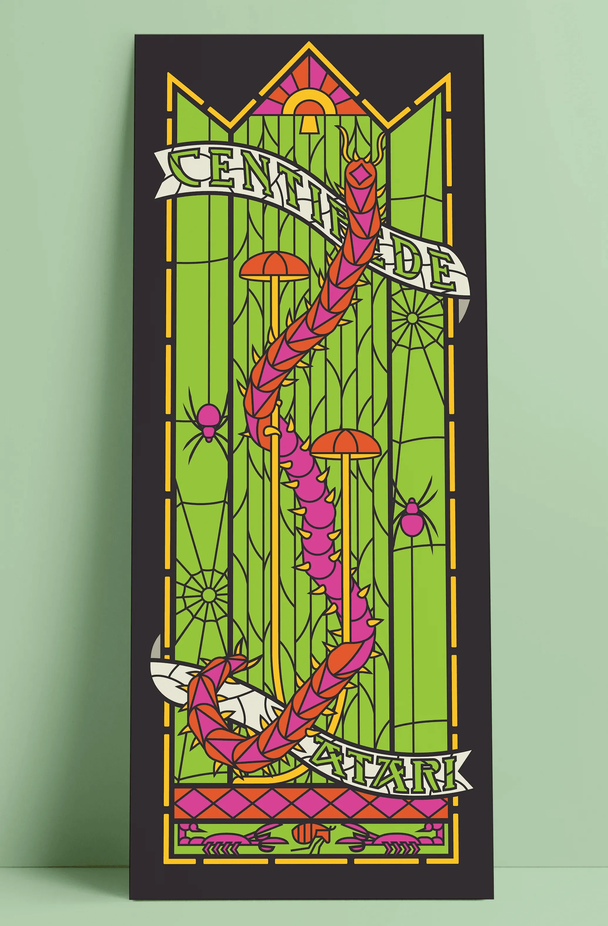 Stained glass style illustration of Centipede videogame