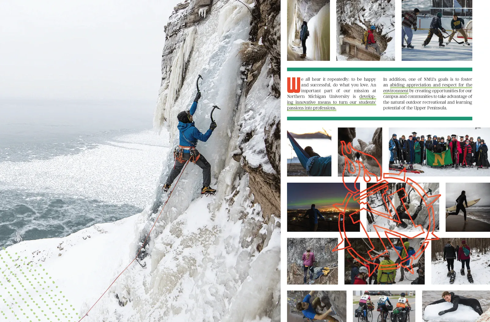 Spread of magazine featuring photos of winter activities