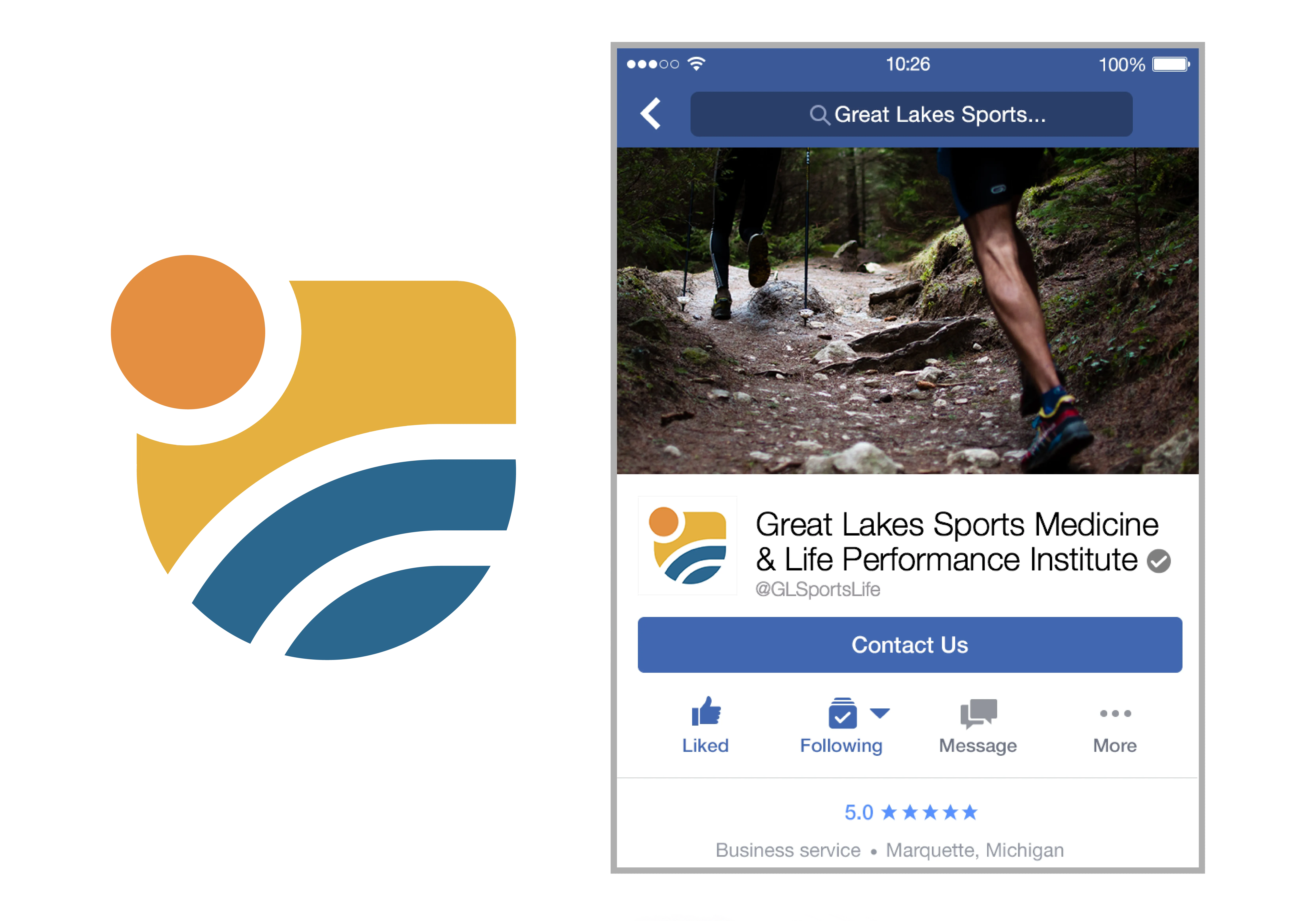 Logo and Facebook mockup for Great Lakes Sports Medicine & Life Performance Institute