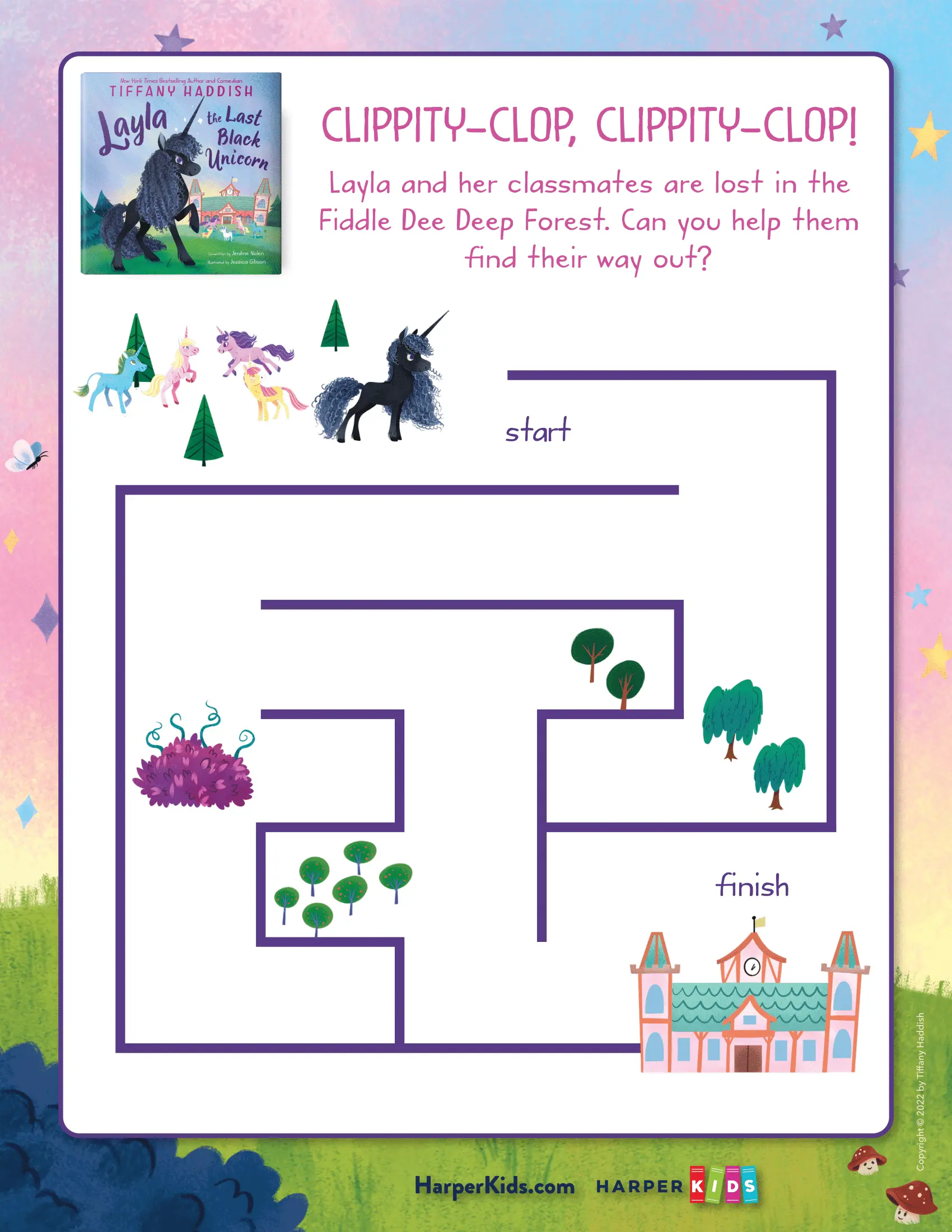 An activity sheet for Layla, the Last Black Unicorn