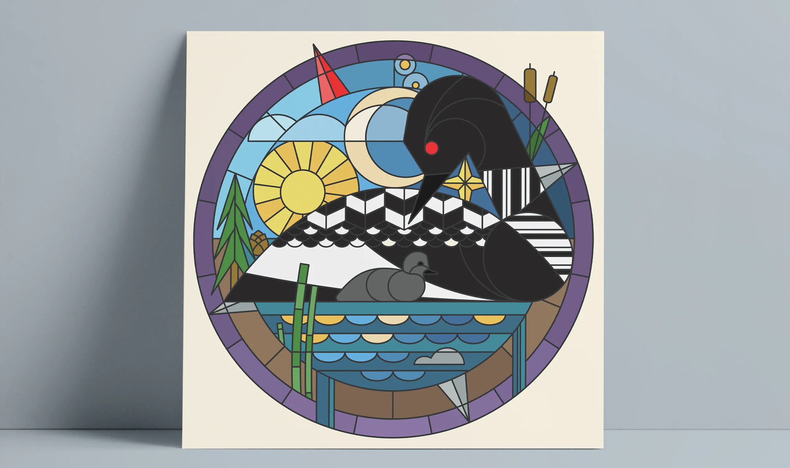 Stained glass illustration of loon