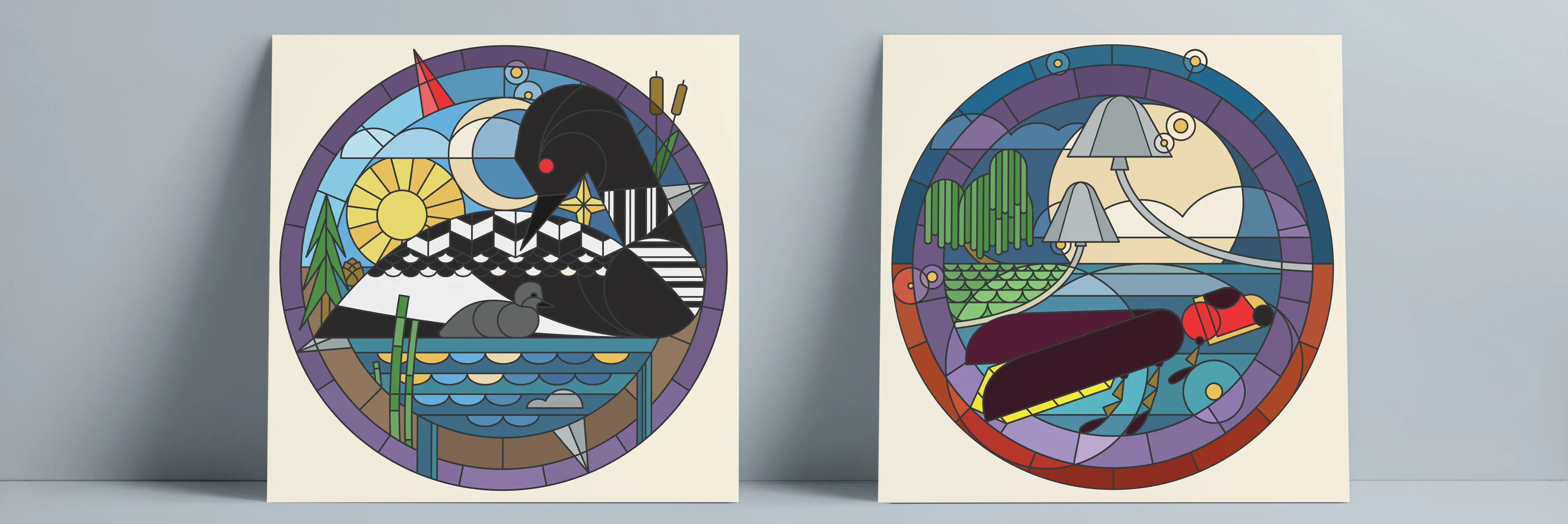 Loon and firefly illustrations