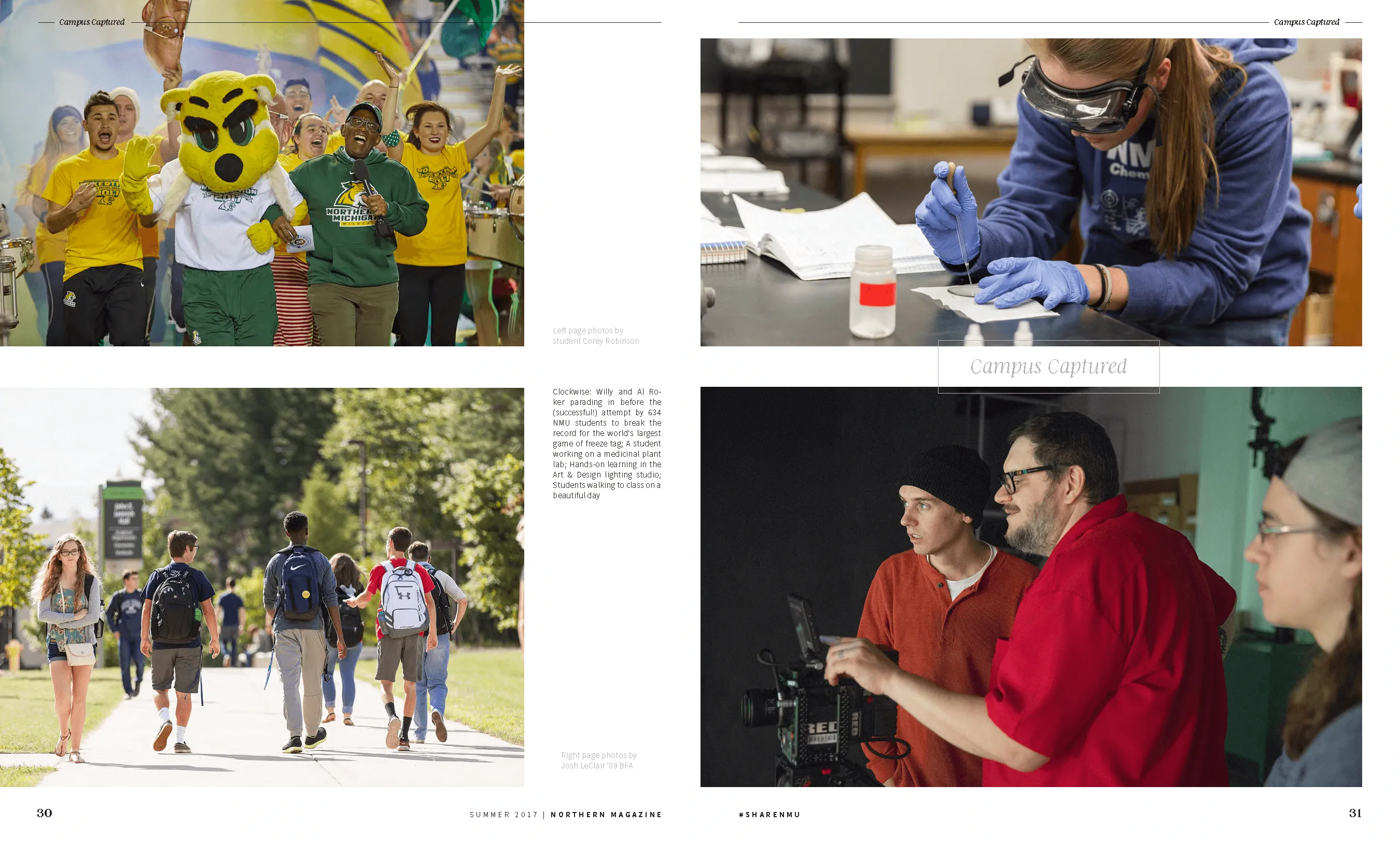 Spread of magazine featuring shots of campus